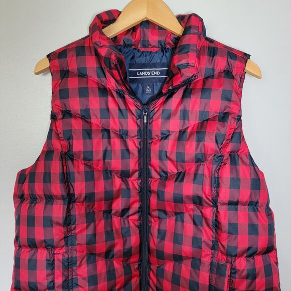 Lands End Down Puffer Vest Buffalo Plaid Red Gingham Check Sz L Gorpcore Layer - Picture 3 of 9